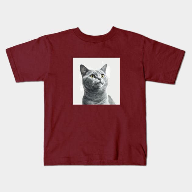 Illustration of grey haired concentrated cat looking to the side Kids T-Shirt by KOTYA